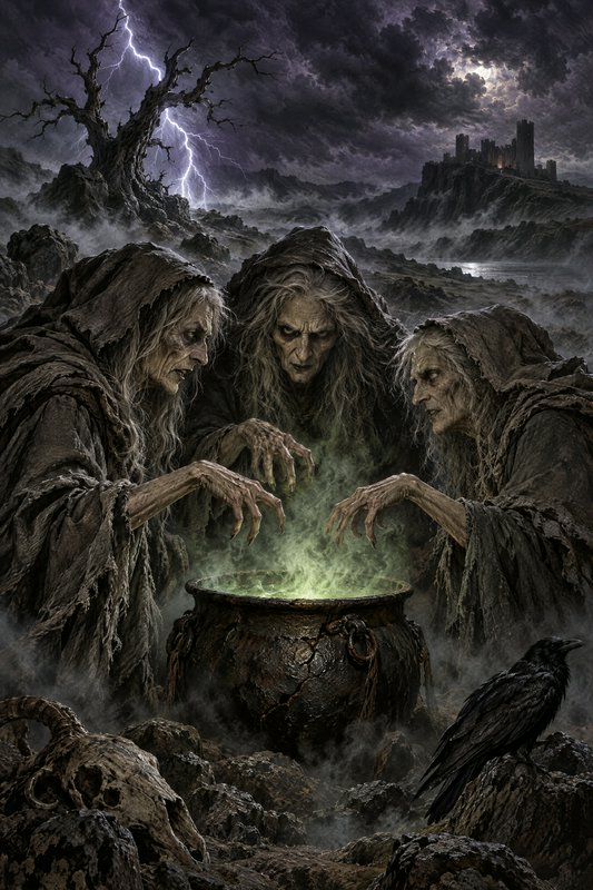 Three haggard hooded witches hover over a glowing bubbling cauldron on a stormy cursed moor