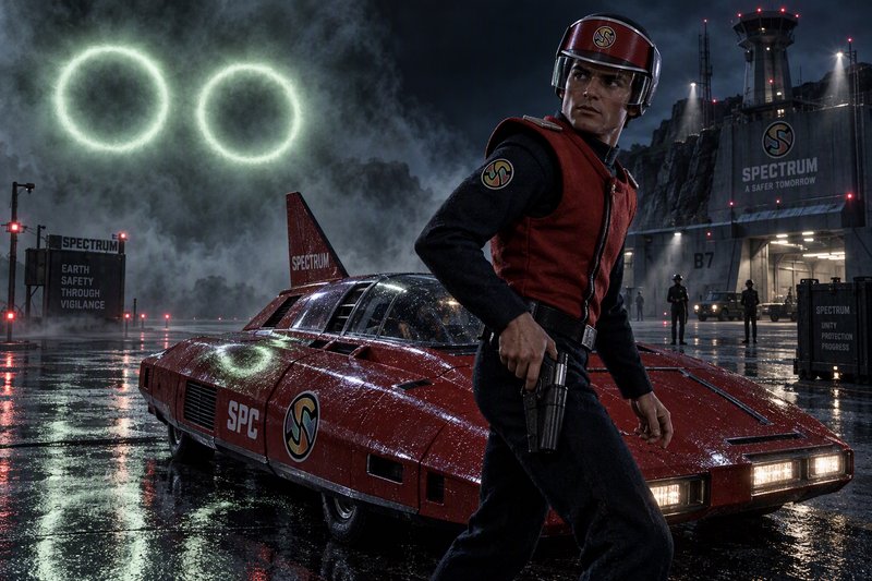 Captain Scarlet stands next to a red Spectrum patrol car on a rainy base with glowing green portal rings overhead