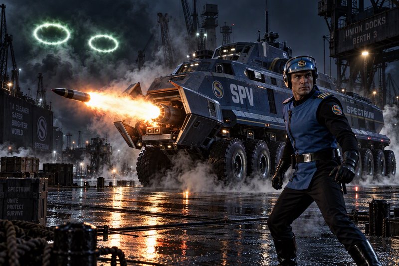 Spectrum agent stands alert as an SPV fires a missile at glowing alien portals above a rainy indu...