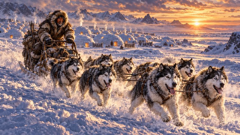 Sled dog team pulls a fur-clad musher past an igloo village at glowing arctic sunset