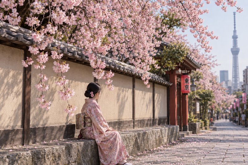 Woman in a pink floral kimono sits under cherry blossoms on a traditional Tokyo street