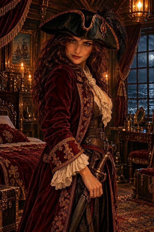 Confident female pirate captain stands holding her sword hilt inside a candlelit ornate ship cabin.