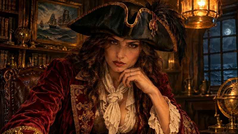 Fierce female pirate captain rests her chin on her hand while seated in her ship's cabin at night