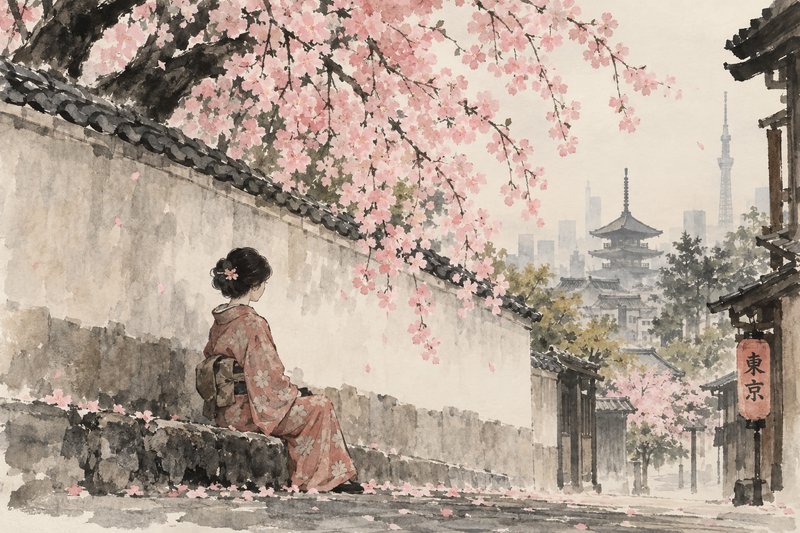 Woman in a floral kimono sits beneath pink cherry blossoms overlooking a historic Tokyo street