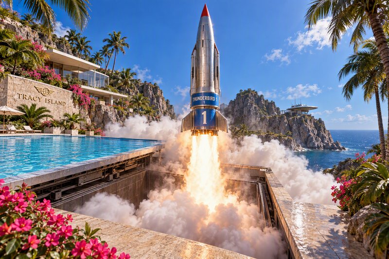 Thunderbird 1 rocket launches from a launch pit beside an infinity pool at tropical cliffside Tra...