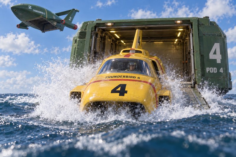 Yellow Thunderbird 4 launches from Pod 4 into churning ocean waves as Thunderbird 2 flies overhead