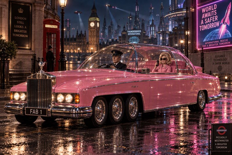 Iconic pink FAB 1 car with passengers parked on rain-slicked retro-futuristic London streets at n...
