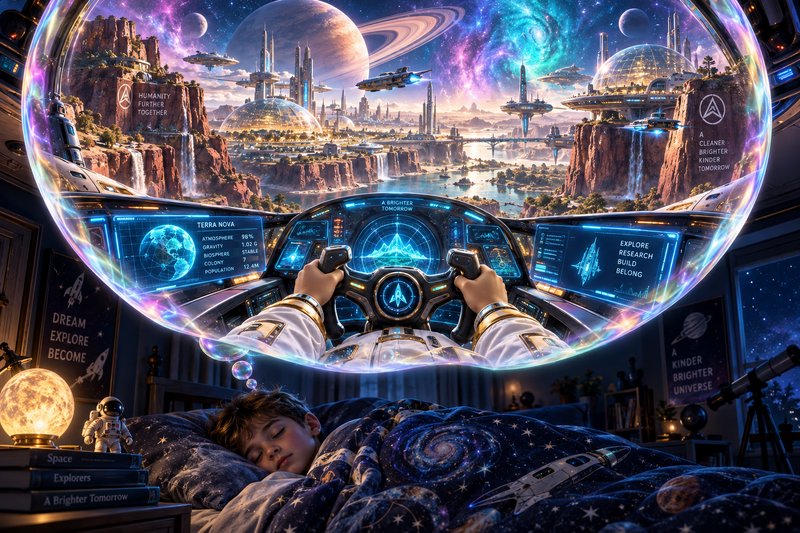 Sleeping young boy dreams of piloting a starship to a vibrant futuristic alien planetary city