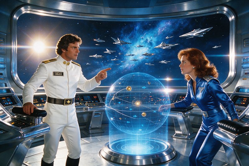 Two starship officers discuss a holographic navigation map from a retro sci-fi bridge overlooking...