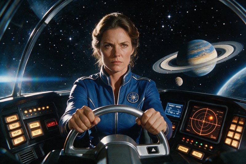 Focused female spaceship pilot at her cockpit controls, with a ringed gas giant visible in starry...