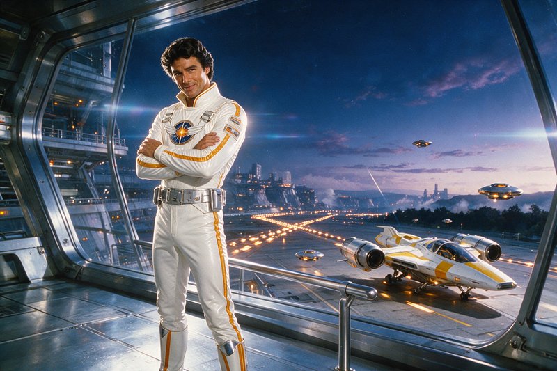 Confident retro sci-fi star captain in a white and gold flight suit stands in a space station obs...