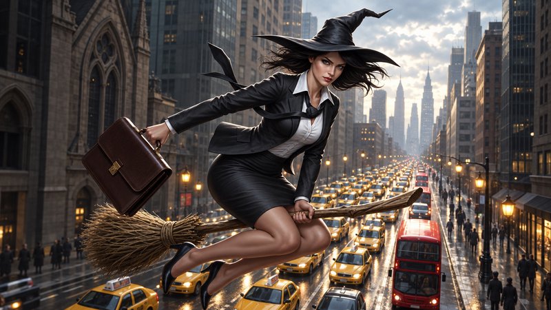 Corporate businesswoman wearing a witch hat flies on a broomstick over a busy New York City street