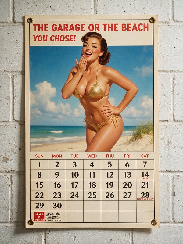 Retro pinup wall calendar with a 1950s style bikini pinup mounted to a white brick wall