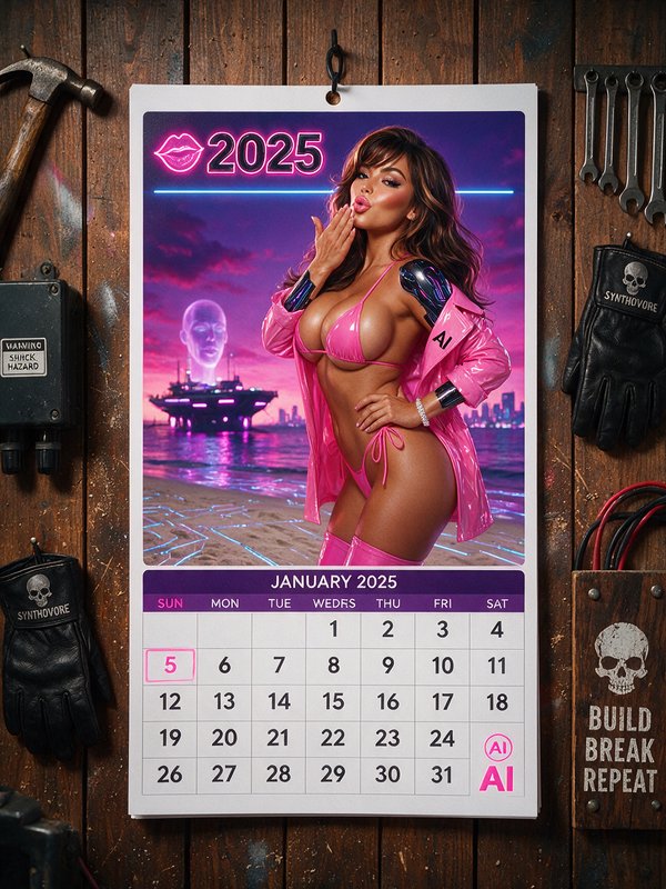 2025 January cyberpunk pinup wall calendar displayed on a rustic wooden workshop wall surrounded ...