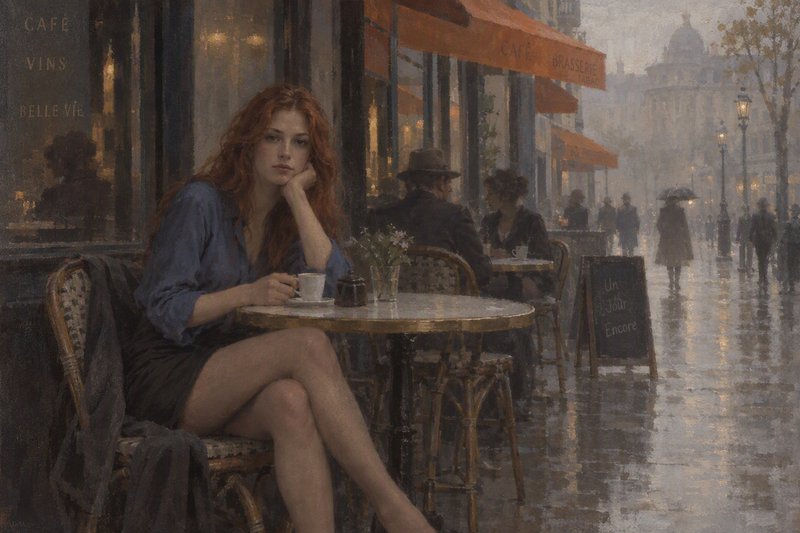 Pensive red-haired woman sits at a Parisian sidewalk cafe table on a misty rainy city street
