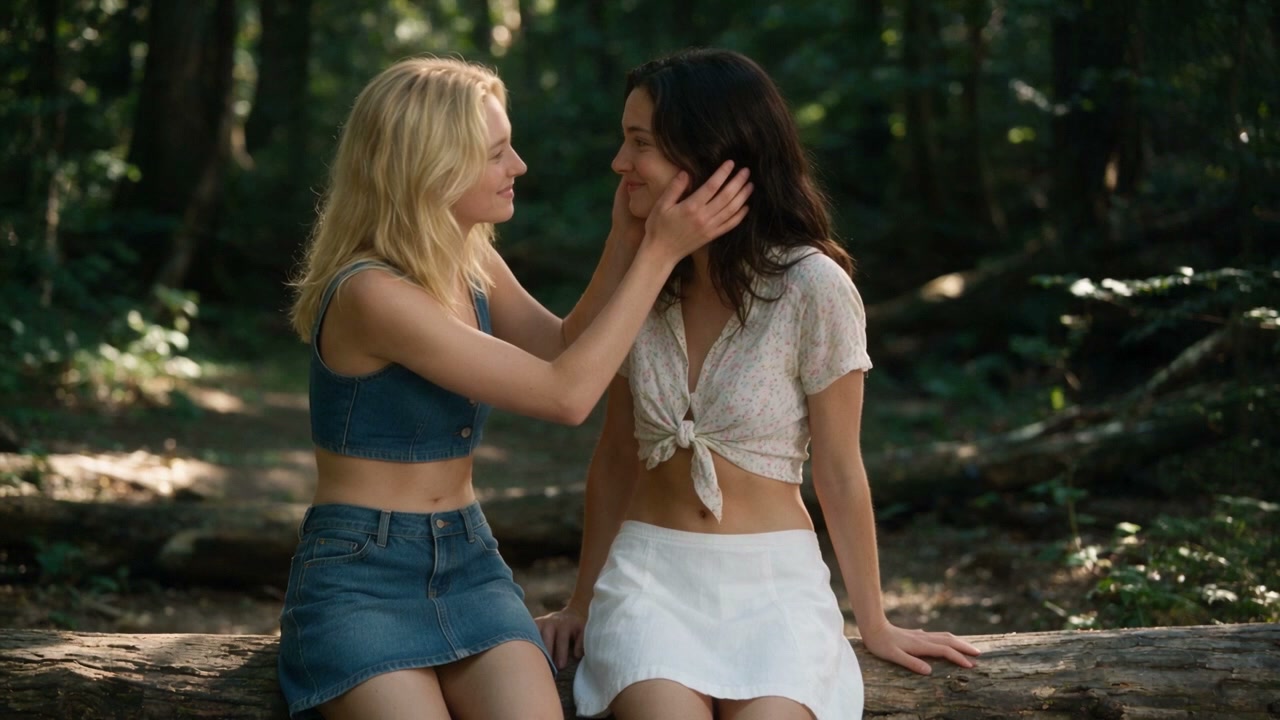 Two affectionate young women sit on a fallen forest log, the blonde woman gently cupping her dark...