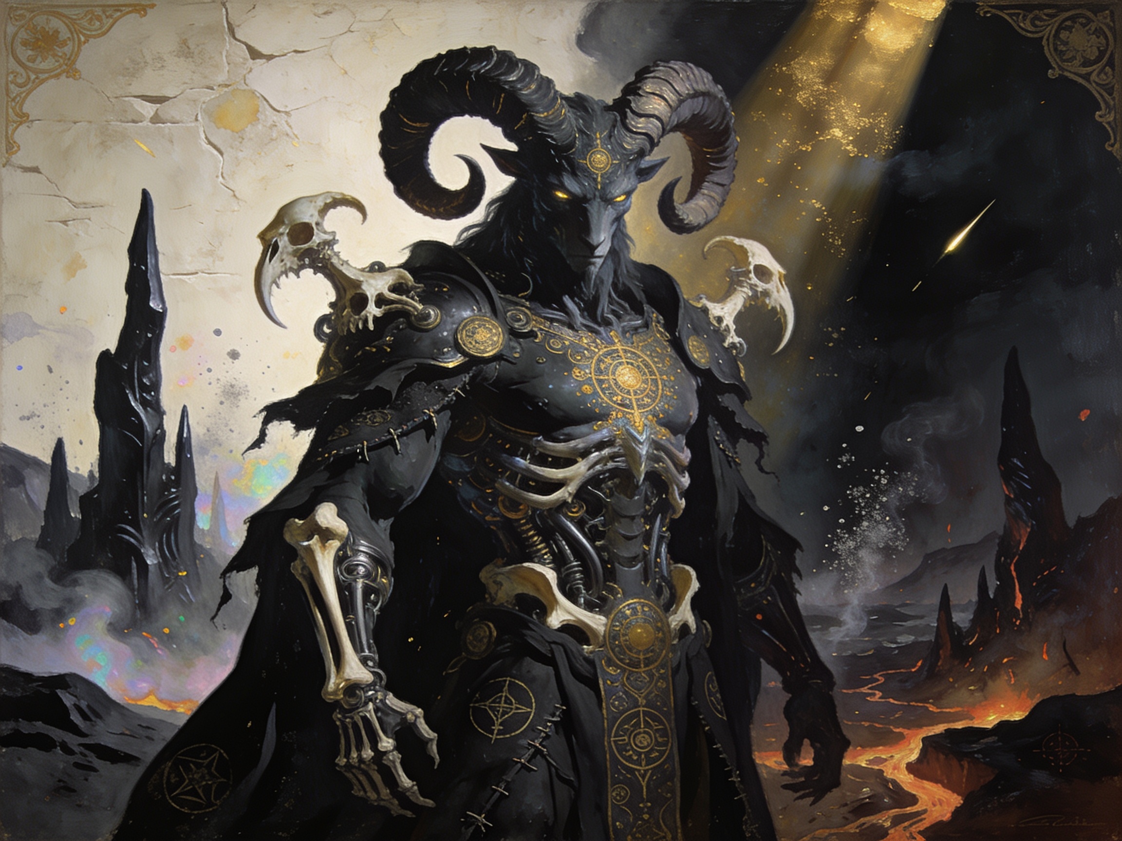 Towering ram-horned infernal demon lord in ornate bone and black armor stands in a volcanic hellscape