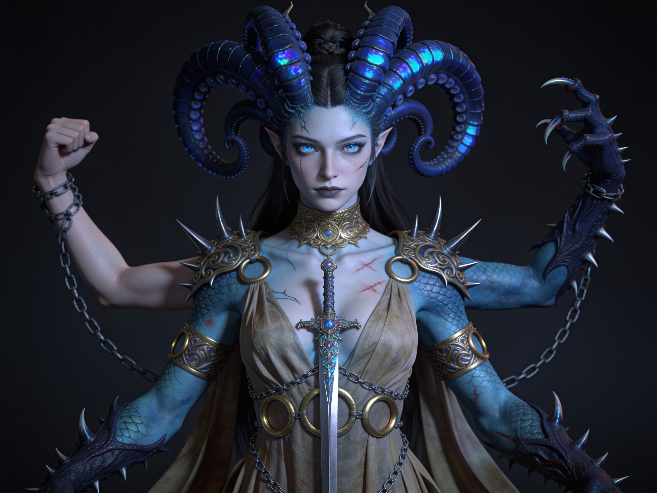 Four-armed blue skinned fantasy demon goddess with iridescent tentacle horns and a suspended ornate sword