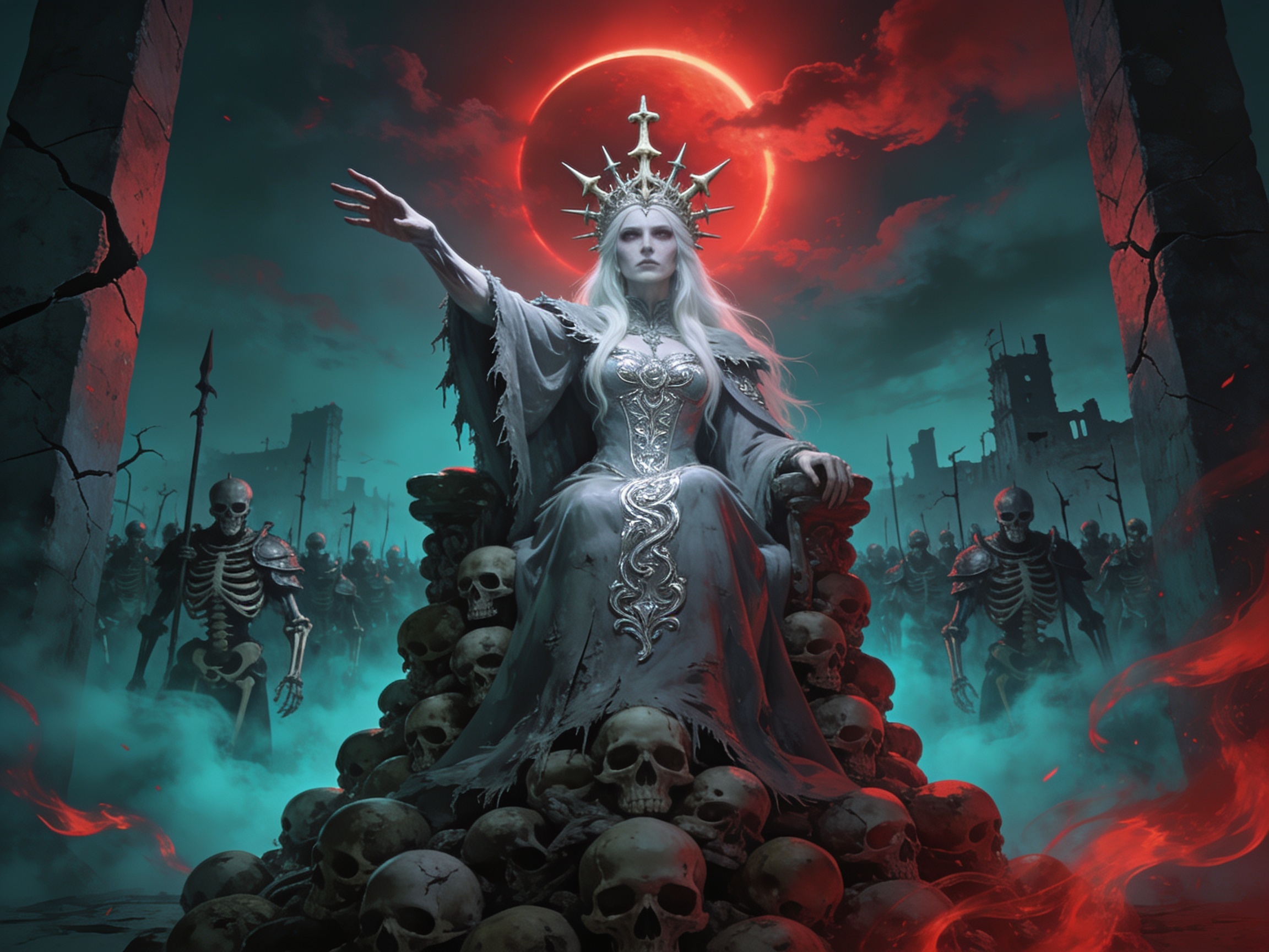Pale undead lich queen sits atop a skull throne summoning skeleton armies under a red blood eclipse