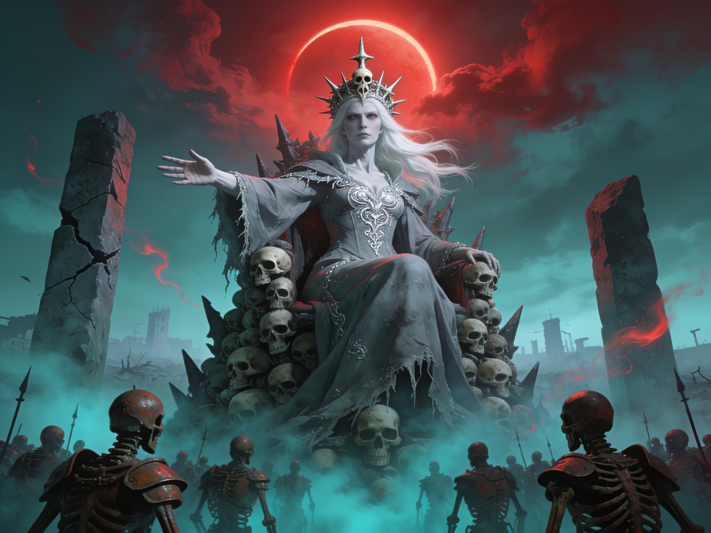 Lich queen seated on a skull throne summoning undead skeleton armies under a blood red eclipse