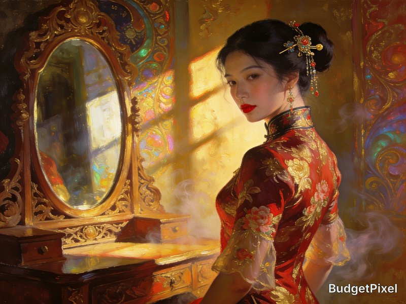 Impressionist oil painting of elegant woman in embroidered red qipao standing beside an ornate gilded sunlit vanity