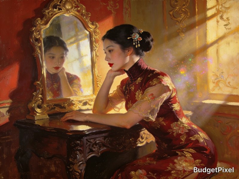 Impressionist oil painting of woman in embroidered red qipao gazing at her reflection in an ornate gilded vanity mirror