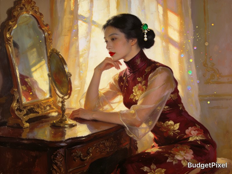 Impressionist oil painting of elegant woman in embroidered qipao seated at an ornate gilded vanity, lit by warm sunlit