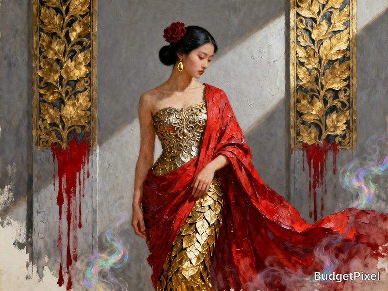 Impasto oil portrait of elegant East Asian woman in ornate gold gown, draped in a rich red shawl between gilded wall panels