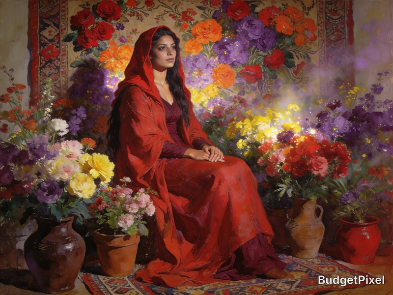 Painting of pensive seated woman in a flowing red hooded robe surrounded by vibrant multicolor flowers and ornate textiles.
