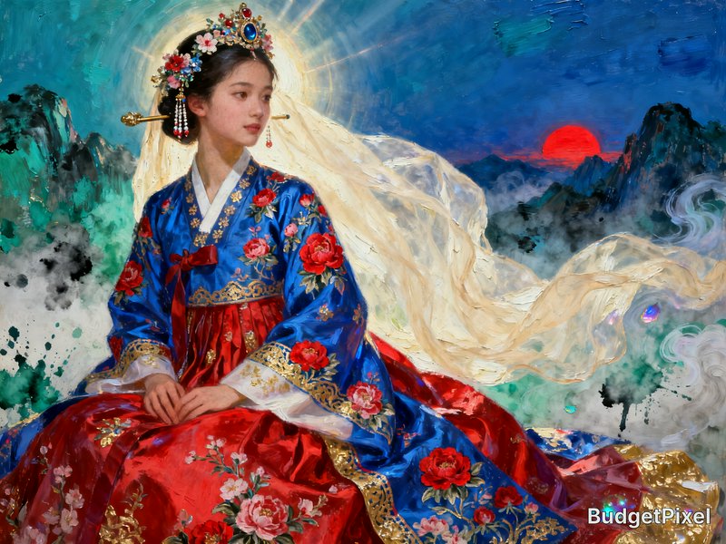 Impressionist oil portrait of an ethereal East Asian goddess in ornate embroidered hanbok, glowing halo, misty mountain