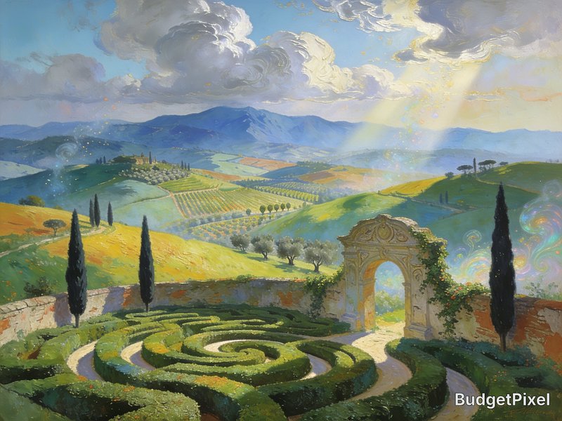 Impressionist landscape painting of a spiral topiary maze overlooking sunlit Tuscan hills under a sky with golden sunbeams
