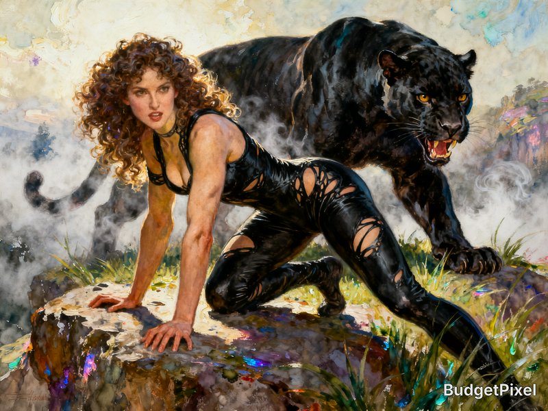Fantasy illustration of a fierce crouched warrior woman in a black catsuit beside a snarling black panther on misty