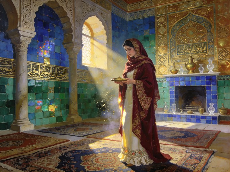 Oil painting of a woman in ornate embroidered robes holding a tray in a sunlit Moorish palace interior