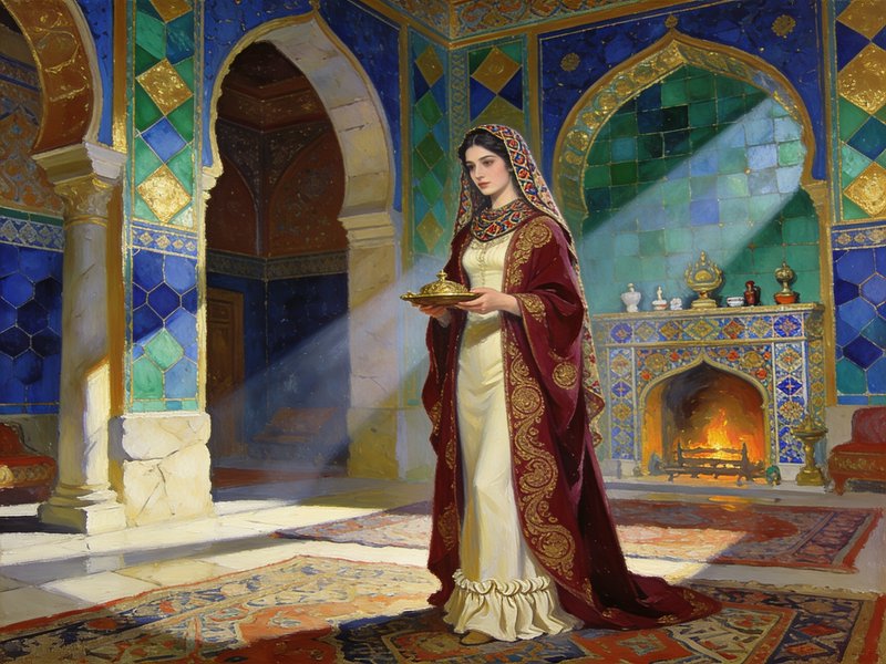 Oil painting of a noble Middle Eastern woman holding a gold platter in an ornate tiled palace interior with streaming