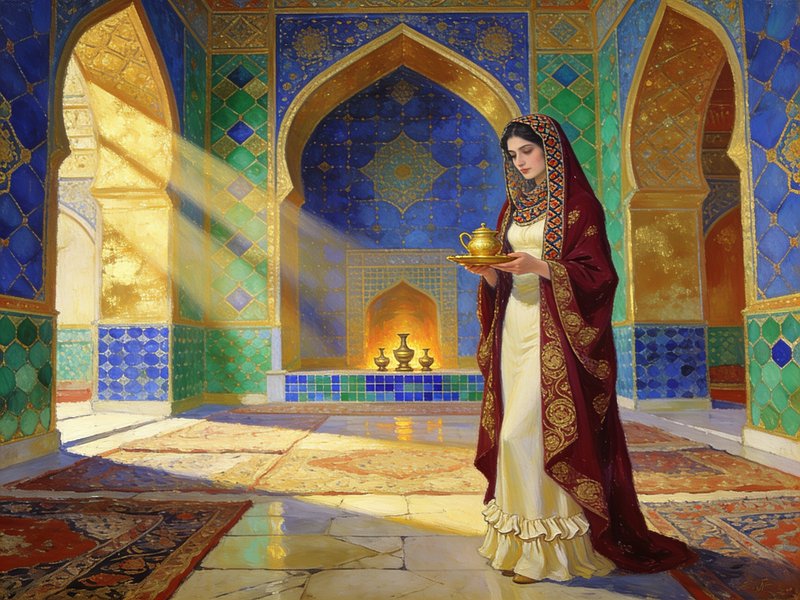Painting of a woman in ornate traditional robes holding a golden tray inside a gilded, tiled Islamic palace chamber