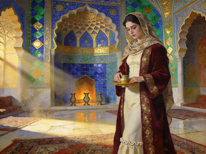 Classical oil painting of an elegant Ottoman woman holding a gilded tray inside an ornate sunlit Islamic palace chamber.
