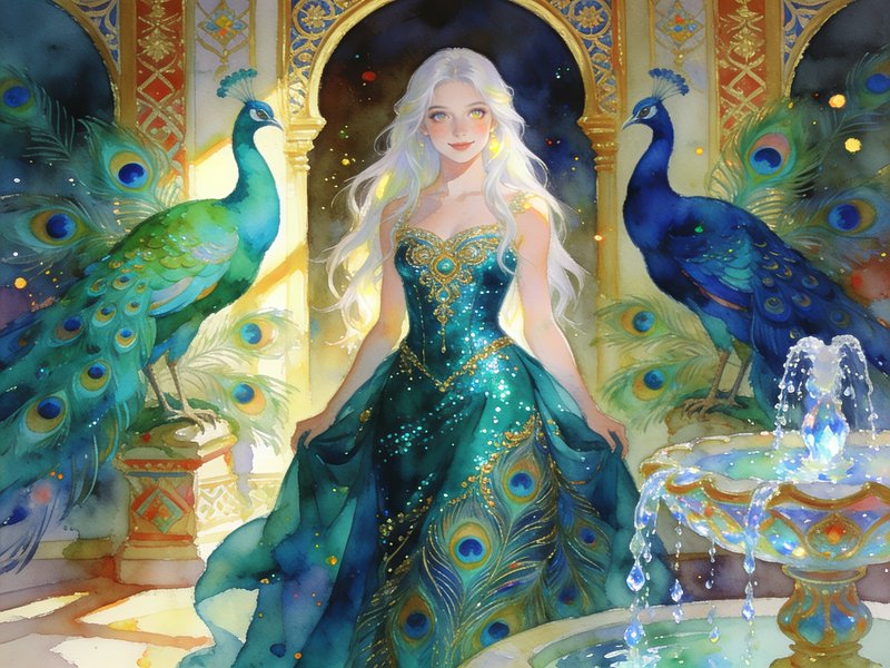 [Watercolor fantasy art of platinum-haired princess in a peacock gown flanked by peacocks in an ornate gilded palace chamber]