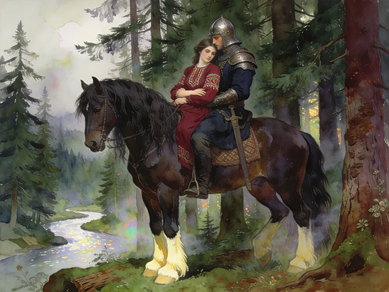 [Watercolor illustration of an armored knight embracing a woman in red folk dress, both seated on a draft horse in a misty...