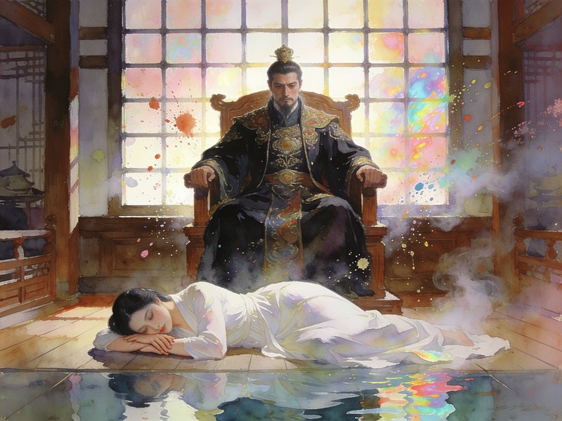 [Watercolor illustration of a stern East Asian emperor on a wooden throne, a woman in a white gown resting on the floor be...