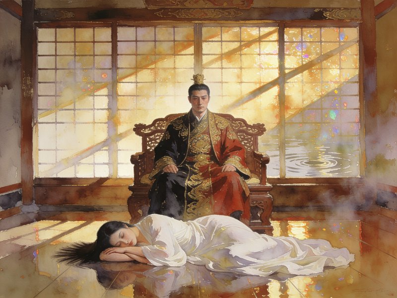 [Watercolor of East Asian emperor in ornate robes seated on a throne, woman in white asleep on a sunlit glossy palace floor]