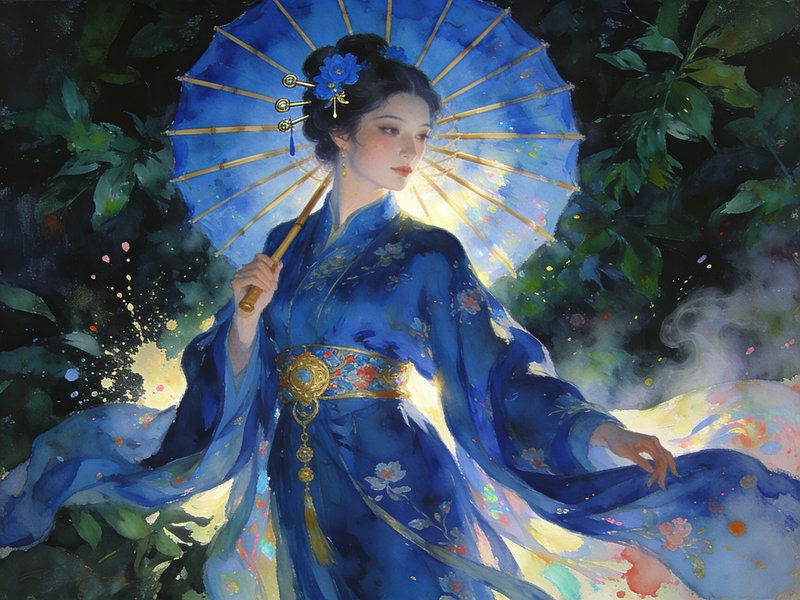 [Watercolor painting of elegant woman in blue traditional hanfu holding a blue parasol, backlit against dark lush foliage]