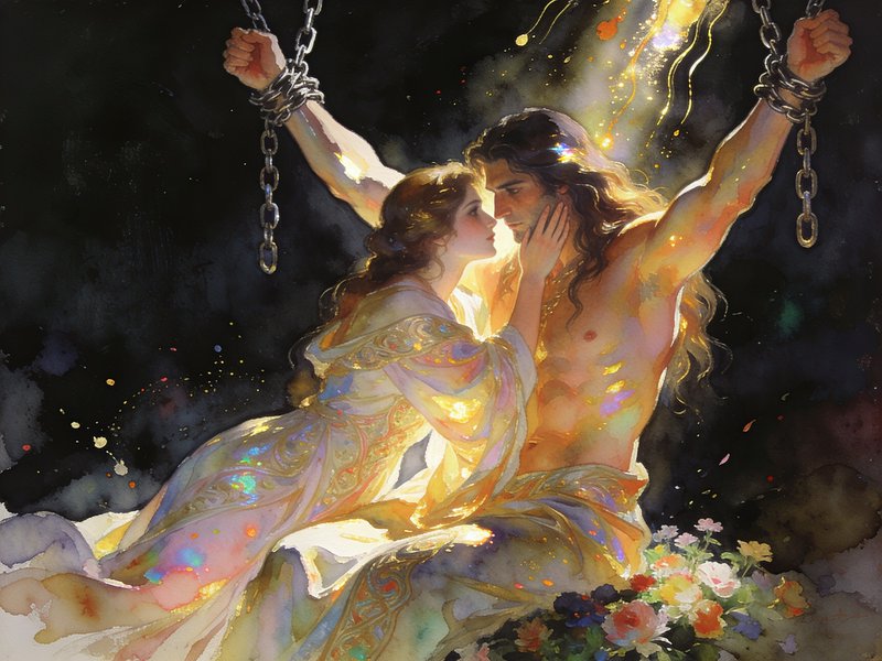 Luminous watercolor fantasy art of chained mythic man tenderly embraced by a robed woman, glowing golden backlight against...