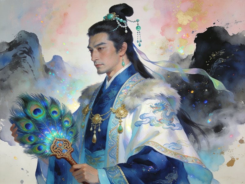 Regal East Asian noble in ornate hanfu holds a glowing peacock fan, painted in guofeng watercolor style with misty mountai...