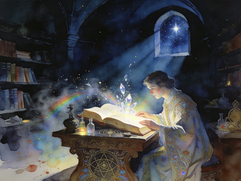 [Robed mage summons glowing crystal magic from an open spellbook in a starry gothic tower library, watercolor fantasy art]