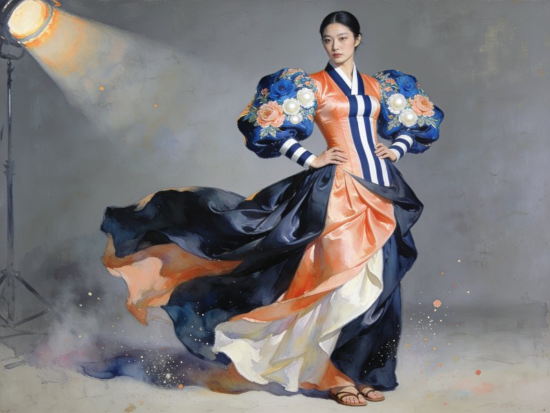 [Painterly portrait of a poised East Asian woman wearing a modern fusion hanbok gown, posing under a warm studio spotlight]