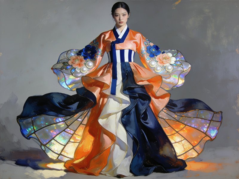 [Oil portrait of a woman in a dramatic modern hanbok with iridescent stained-glass and floral embellishments]