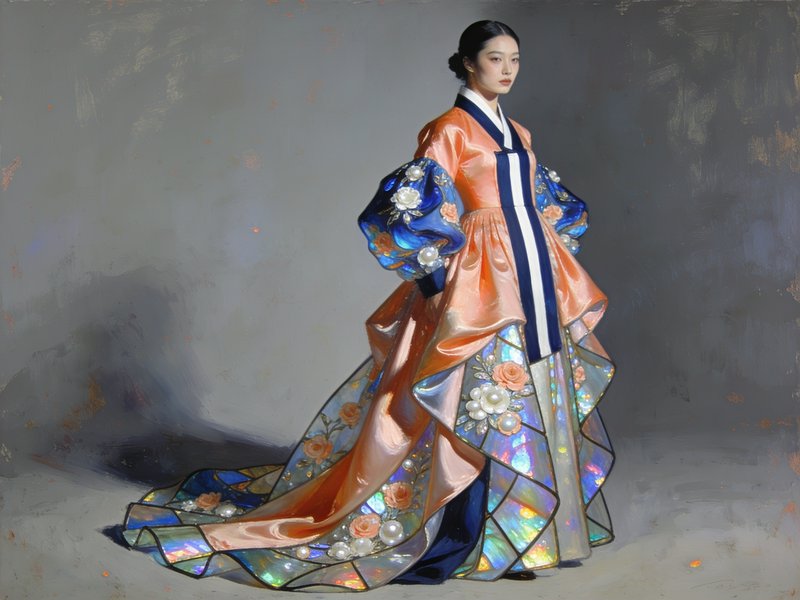 [Oil portrait of a poised woman wearing an ornate, embroidered modern Korean hanbok against a muted grey painterly backgro...