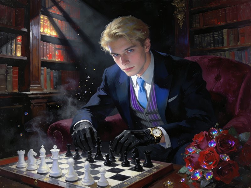 Suave blonde formally dressed man leans over a chessboard preparing a move in a moody vintage library study