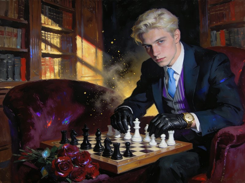 Oil painting of a suave blonde man in formal attire playing chess in a sunlit vintage library study