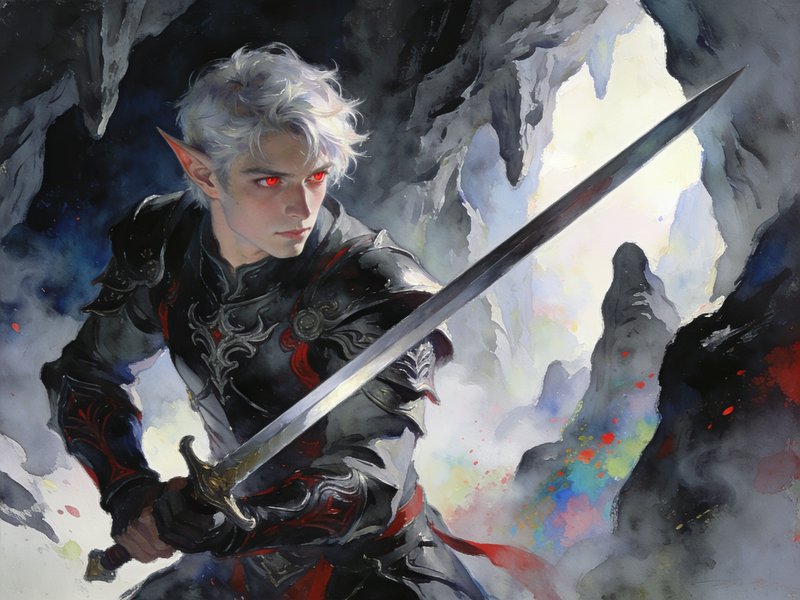 Watercolor fantasy art of a red-eyed white haired elf warrior wielding a longsword in a misty cave.